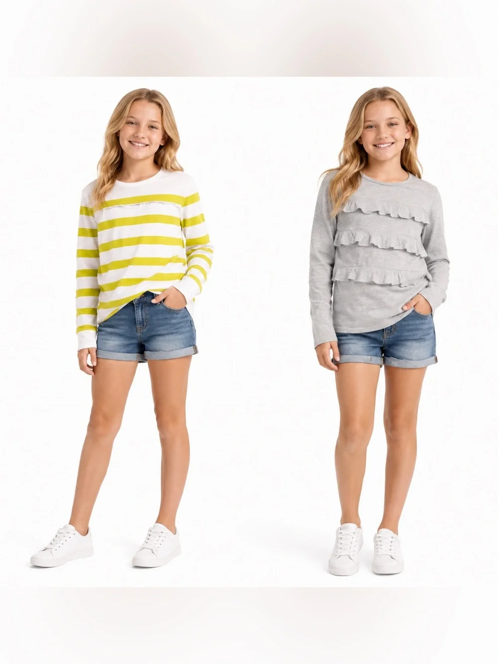 GAP Silver and White Long Sleeve Tees with Ruffle Details